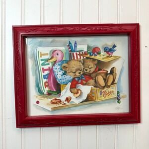 Vintage 1985 HOMCO Teddy Bear Nursery Wall Art Kids Room Framed Print